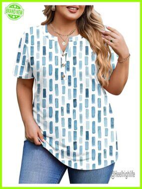 Plus Size V-Neck Button Down Tunic Blouse Short Sleeve Summer Top 1X-5X
